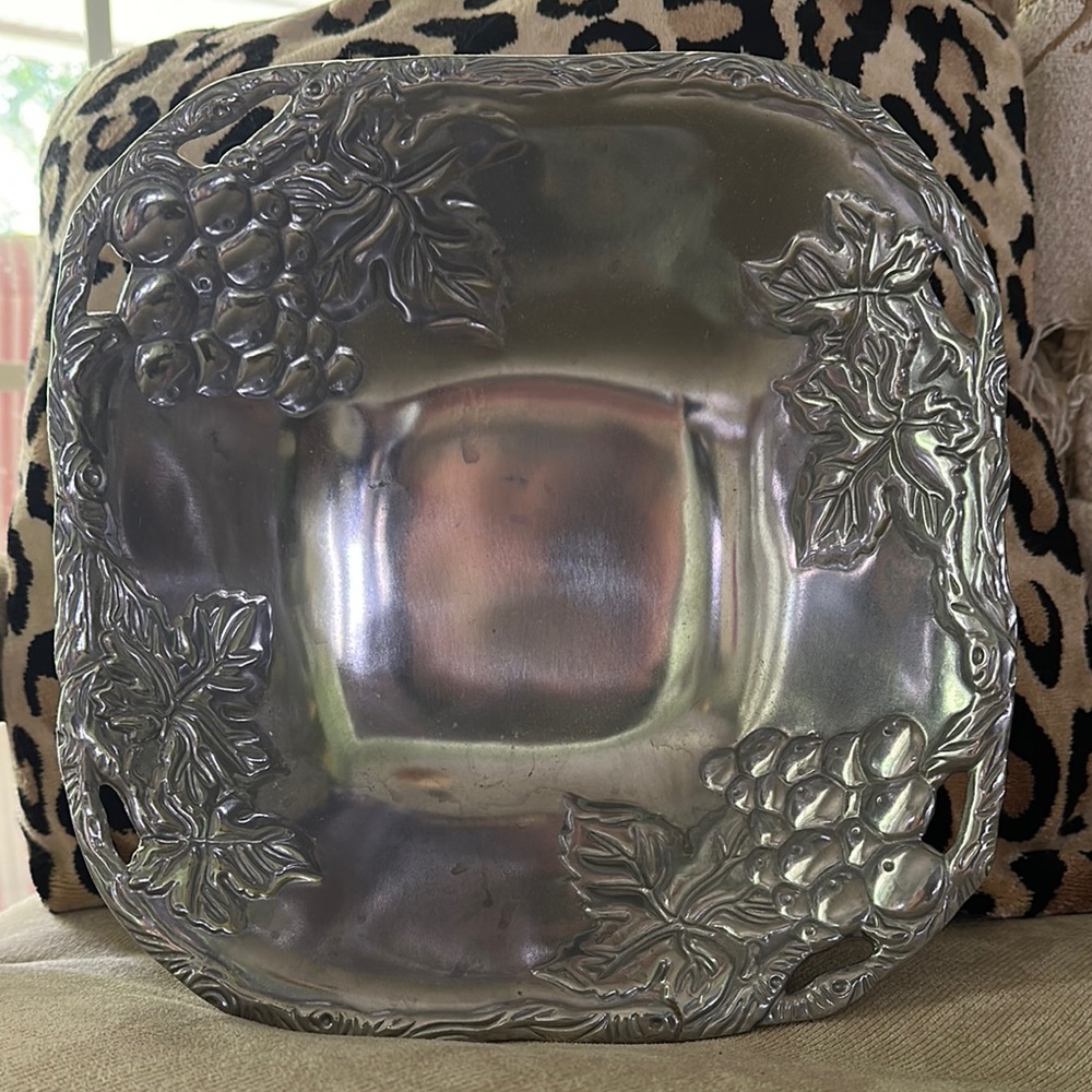 Silver Decorative Square Bowl with Grape Design